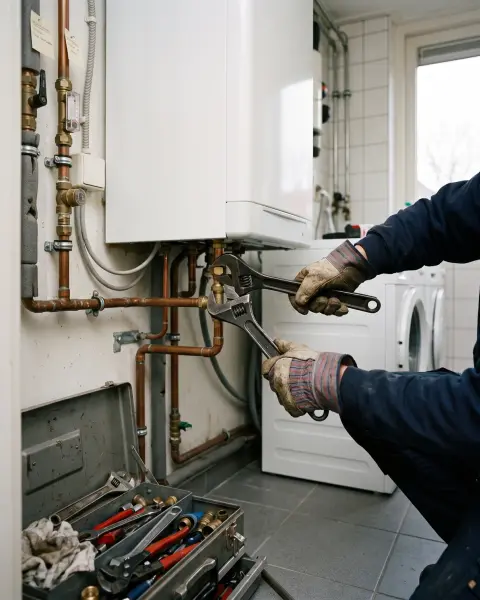 Handen met werkhandschoenen draaien een koperen leiding vast naast een cv-ketel