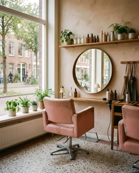 Lege kappersstoel bij het raam in een lichte salon