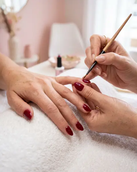 Hand met glanzende rode gellak in een lichte nagelstudio