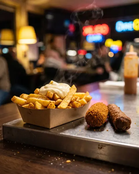 Bakje friet met mayonaise, een kroket en een frikandel op de toonbank